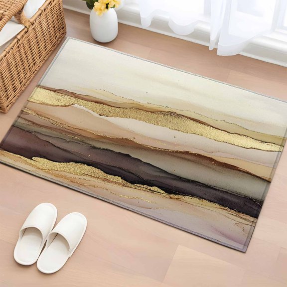 Entrance Runner Rug 2'x3', Marble Brown Gold Non-slip Doormat for Indoor Outdoor Entrance, Abstract Watercolor Geometric Rock Throw Floor Mat for Front Door/Living Room/Bedroom/Bathroom/Kitchen