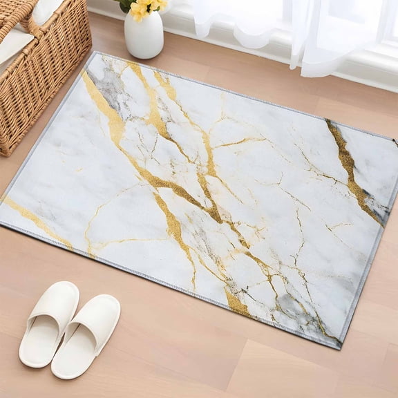 Entrance Runner Rug 2'x3', Marble White Gold Non-slip Doormat for Indoor Outdoor Entrance, Modern Marbles Geometric Washable Throw Floor Mat for Front Door/Living Room/Bedroom/Bathroom/Kitchen