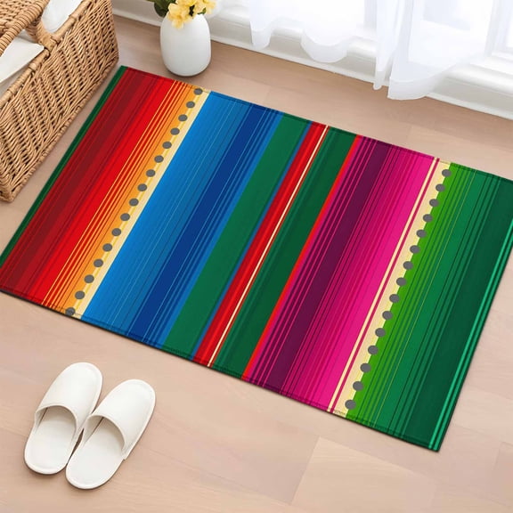 Entrance Runner Rug 2'x3', Mexican Stripes Non-slip Doormat for Indoor Outdoor Entrance, Blue Boho Red Green Orange Art Simple Throw Floor Mat for Front Door/Living Room/Bedroom/Bathroom/Kitchen