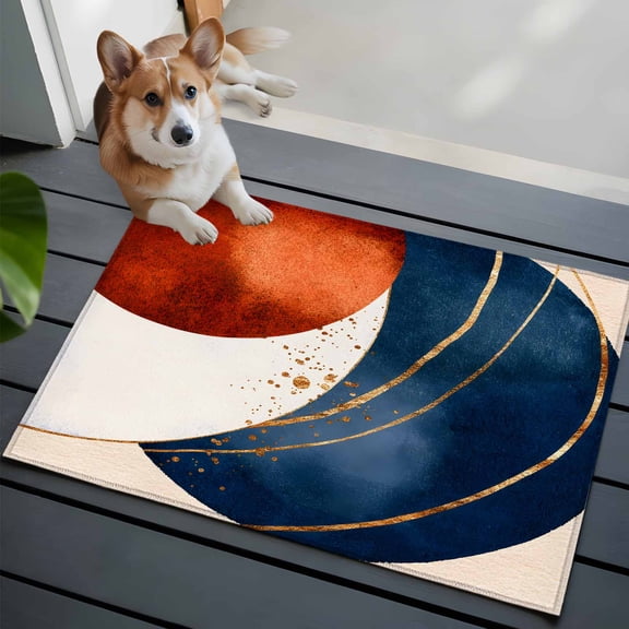 Entrance Runner Rug 2'x3', Navy Blue Burnt Orange Non-slip Doormat for Indoor Outdoor Entrance, Modern Boho Art Geometric Washable Throw Floor Mat for Front Door/Living Room/Bedroom/Bathroom/Kitchen