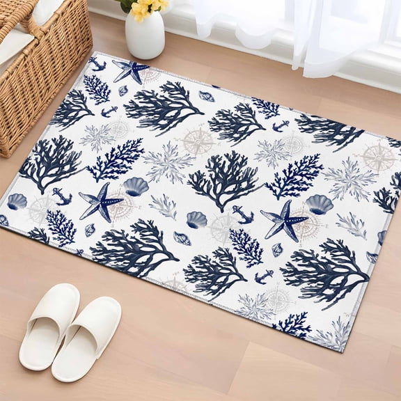 Entrance Runner Rug 2'x3', Navy Blue Coastal Non-slip Doormat for Indoor Outdoor Entrance, Coral Shell Summer Beach Nautical Throw Floor Mat for Front Door/Living Room/Bedroom/Bathroom/Kitchen