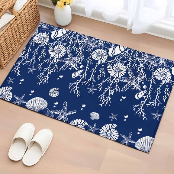 Entrance Runner Rug 2'x3', Navy Blue Coastal Non-slip Doormat for Indoor Outdoor Entrance, Starfish Coral Ocean Conch Sea Nautical Throw Floor Mat for Front Door/Living Room/Bedroom/Bathroom/Kitchen