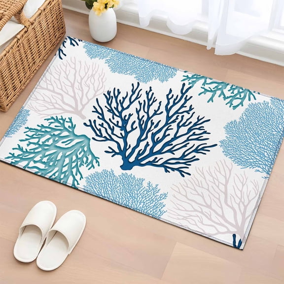 Entrance Runner Rug 2'x3', Navy Blue Coastal Non-slip Doormat for Indoor Outdoor Entrance, Turquoise Coral Ocean Modern Sea Throw Floor Mat for Front Door/Living Room/Bedroom/Bathroom/Kitchen