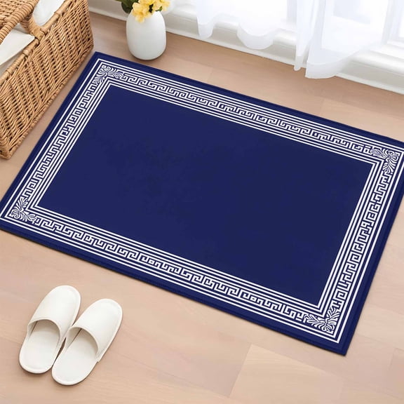 Entrance Runner Rug 2'x3', Navy Blue Geometric Non-slip Doormat for Indoor Outdoor Entrance, White Greek Key Farmhouse Washable Throw Floor Mat for Front Door/Living Room/Bedroom/Bathroom/Kitchen