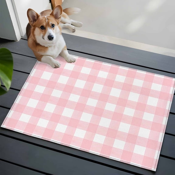 Entrance Runner Rug 2'x3', Pink Buffalo Plaid Non-slip Doormat for Indoor Outdoor Entrance, Farmhouse Pink White Checkered Washable Throw Floor Mat for Front Door/Living Room/Bedroom/Bathroom/Kitchen