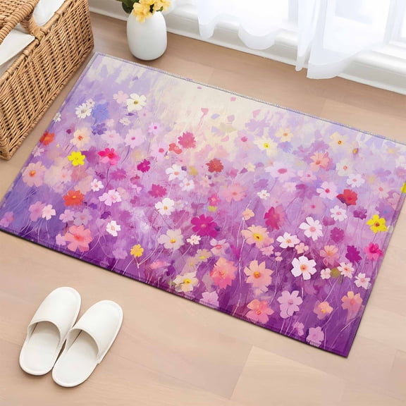 Entrance Runner Rug 2'x3', Pink Spring Floral Non-slip Doormat for Indoor Outdoor Entrance, Summer Daisy Botanical Oil Painting Throw Floor Mat for Front Door/Living Room/Bedroom/Bathroom/Kitchen