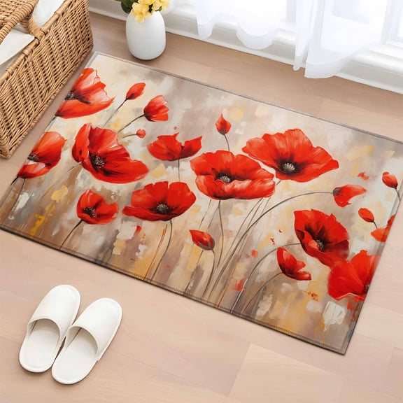 Entrance Runner Rug 2'x3', Red Spring Floral Non-slip Doormat for Indoor Outdoor Entrance, Summer Botanical Watercolor Vintage Throw Floor Mat for Front Door/Living Room/Bedroom/Bathroom/Kitchen