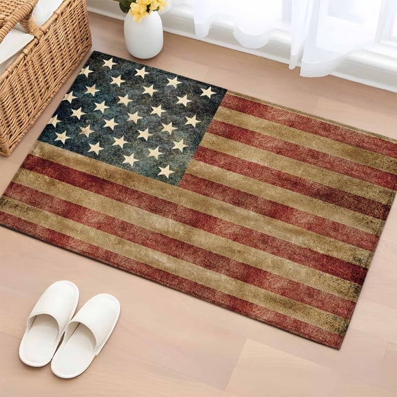Entrance Runner Rug 2'x3', Retro American Flag Non-slip Doormat for Indoor Outdoor Entrance, Vintage US Flag Red Striped Washable Throw Floor Mat for Front Door/Living Room/Bedroom/Bathroom/Kitchen