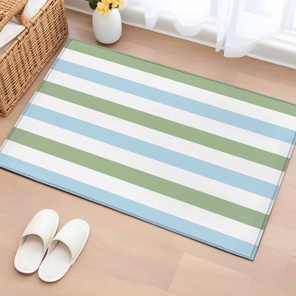 Entrance Runner Rug 2'x3', Sage Green Blue Striped Non-slip Doormat for Indoor Outdoor Entrance, Farmhouse Sage Green Stripes Throw Floor Mat for Front Door/Living Room/Bedroom/Bathroom/Kitchen