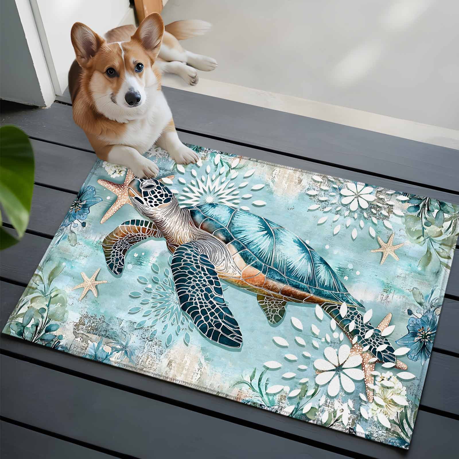 Entrance Runner Rug 2'x3',Sea Turtle Coastal Non-slip Doormat for Indoor Outdoor Entrance,Vintage Teal Nautical Beach Botanical Throw Floor Mat for Front Door/Living Room/Bedroom/Bathroom/Kitchen