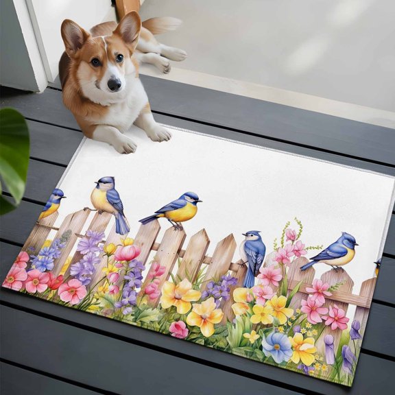 Entrance Runner Rug 2'x3', Spring Floral Non-slip Doormat for Indoor Outdoor Entrance, Summer Birds Botanical Fence Washable Throw Floor Mat for Front Door/Living Room/Bedroom/Bathroom/Kitchen
