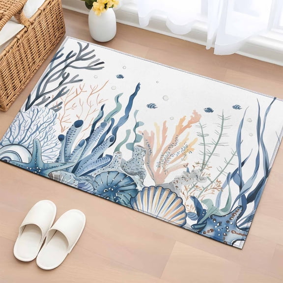 Entrance Runner Rug 2'x3', Summer Coastal Coral Non-slip Doormat for Indoor Outdoor Entrance, Blue Ocean Conch Shell Blue Washable Throw Floor Mat for Front Door/Living Room/Bedroom/Bathroom/Kitchen