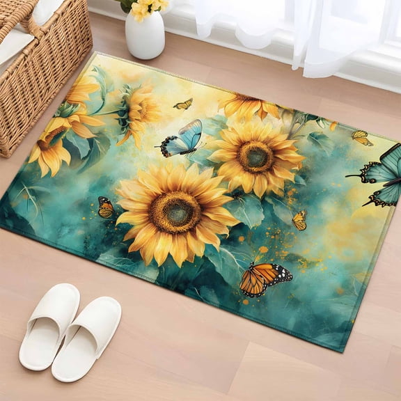 Entrance Runner Rug 2'x3', Sunflower Butterfly Non-slip Doormat for Indoor Outdoor Entrance, Retro Green Yellow Pastoral Floral Throw Floor Mat for Front Door/Living Room/Bedroom/Bathroom/Kitchen