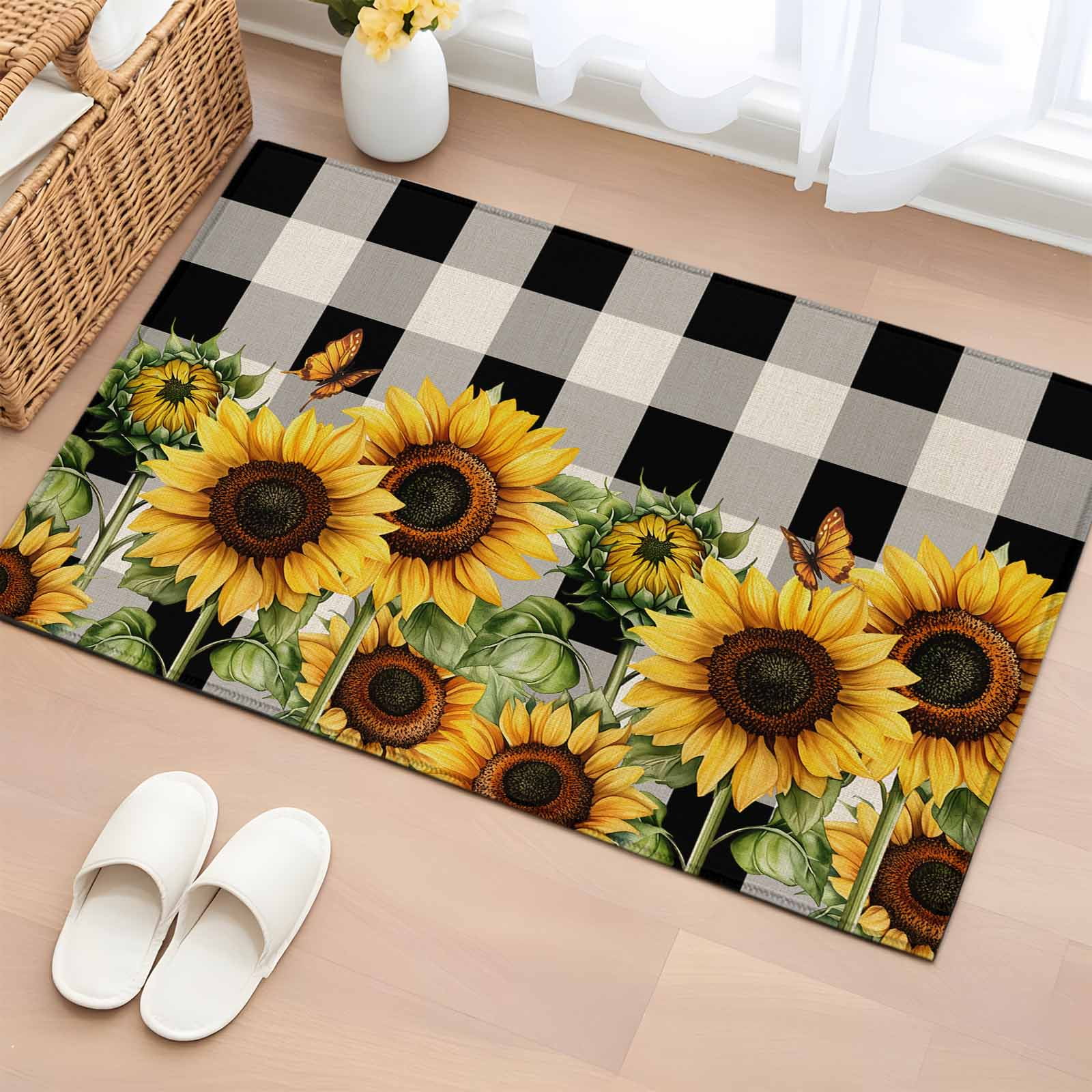 Entrance Runner Rug 2'x3', Sunflower Checkered Non-slip Doormat for Indoor Outdoor Entrance, Black Buffalo Plaid Pastoral Flowers Throw Floor Mat for Front Door/Living Room/Bedroom/Bathroom/Kitchen