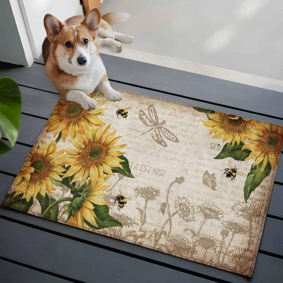 Entrance Runner Rug 2'x3', Sunflowers Non-slip Doormat for Indoor Outdoor Entrance, Vintage Yellow Floral Farm Butterfly Washable Throw Floor Mat for Front Door/Living Room/Bedroom/Bathroom/Kitchen