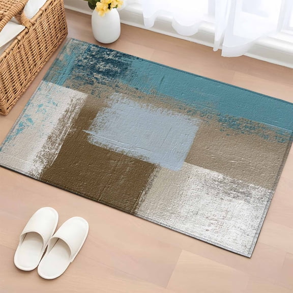 Entrance Runner Rug 2'x3', Teal Blue Non-slip Doormat for Indoor Outdoor Entrance, Brown White Minimalist Retro Smear Ombre Art Throw Floor Mat for Front Door/Living Room/Bedroom/Bathroom/Kitchen