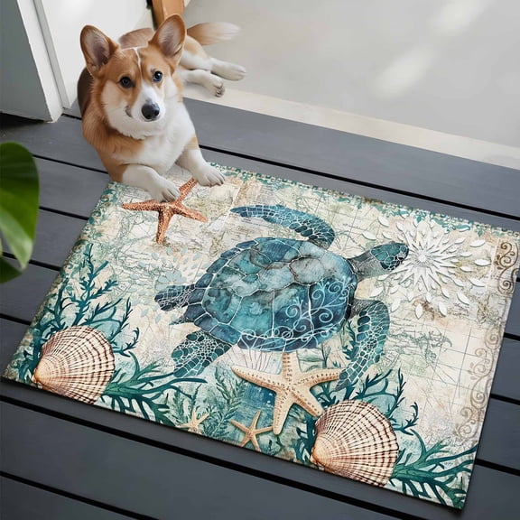 Entrance Runner Rug 2'x3',Teal Coastal Turtle Non-slip Doormat for Indoor Outdoor Entrance,Vintage Summer Beach Nautical Coral Throw Floor Mat for Front Door/Living Room/Bedroom/Bathroom/Kitchen