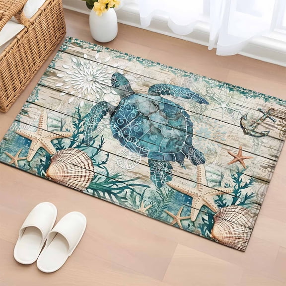 Entrance Runner Rug 2'x3', Teal Sea Turtle Coastal Non-slip Doormat for Indoor Outdoor Entrance, Summer Beach Nautical Starfish Retro Throw Floor Mat for Front Door/Living Room/Bedroom/Bathroom