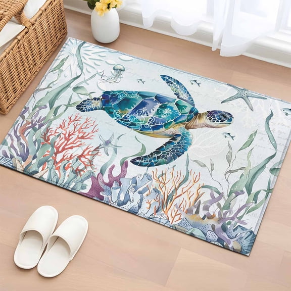 Entrance Runner Rug 2'x3', Teal Sea Turtle Coastal Non-slip Doormat for Indoor Outdoor Entrance, Summer Beach Ocean Coral Washable Throw Floor Mat for Front Door/Living Room/Bedroom/Bathroom/Kitchen