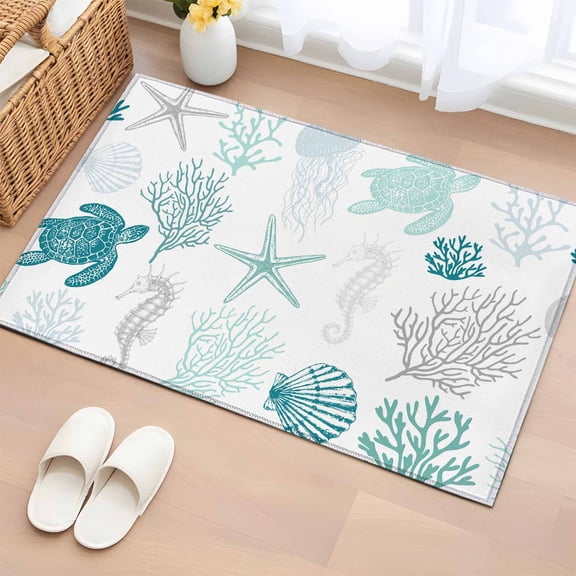 Entrance Runner Rug 2'x3', Turquoise Coastal Non-slip Doormat for Indoor Outdoor Entrance, Nautical Summer Beach Coral Sea Turtle Throw Floor Mat for Front Door/Living Room/Bedroom/Bathroom/Kitchen