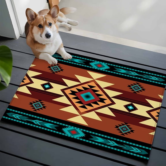 Entrance Runner Rug 2'x3',Turquoise Red Non-slip Doormat for Indoor Outdoor Entrance,Southwest American Native Abstract Pattern Throw Floor Mat for Front Door/Living Room/Bedroom/Bathroom/Kitchen