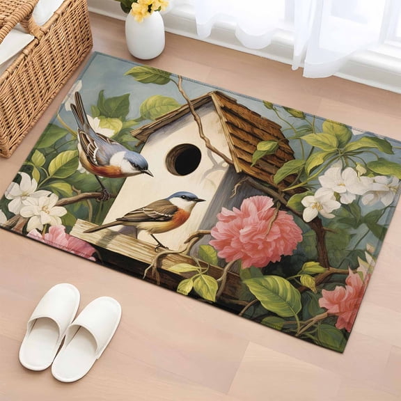 Entrance Runner Rug 2'x3', Vintage Birdhouse Non-slip Doormat for Indoor Outdoor Entrance, Spring Floral Birds Botanical Washable Throw Floor Mat for Front Door/Living Room/Bedroom/Bathroom/Kitchen