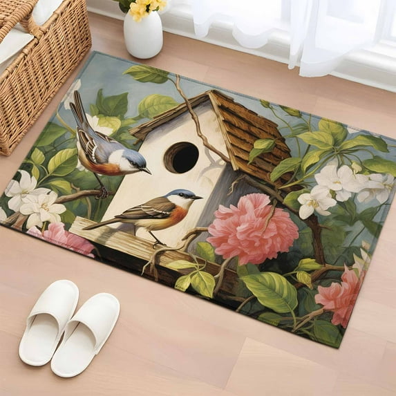 Entrance Runner Rug 2'x3', Vintage Birdhouse Non-slip Doormat for Indoor Outdoor Entrance, Spring Floral Birds Botanical Washable Throw Floor Mat for Front Door/Living Room/Bedroom/Bathroom/Kitchen