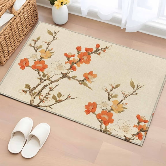 Entrance Runner Rug 2'x3', Vintage Botanical Non-slip Doormat for Indoor Outdoor Entrance, Red Spring Floral Botanical Farmhouse Throw Floor Mat for Front Door/Living Room/Bedroom/Bathroom/Kitchen