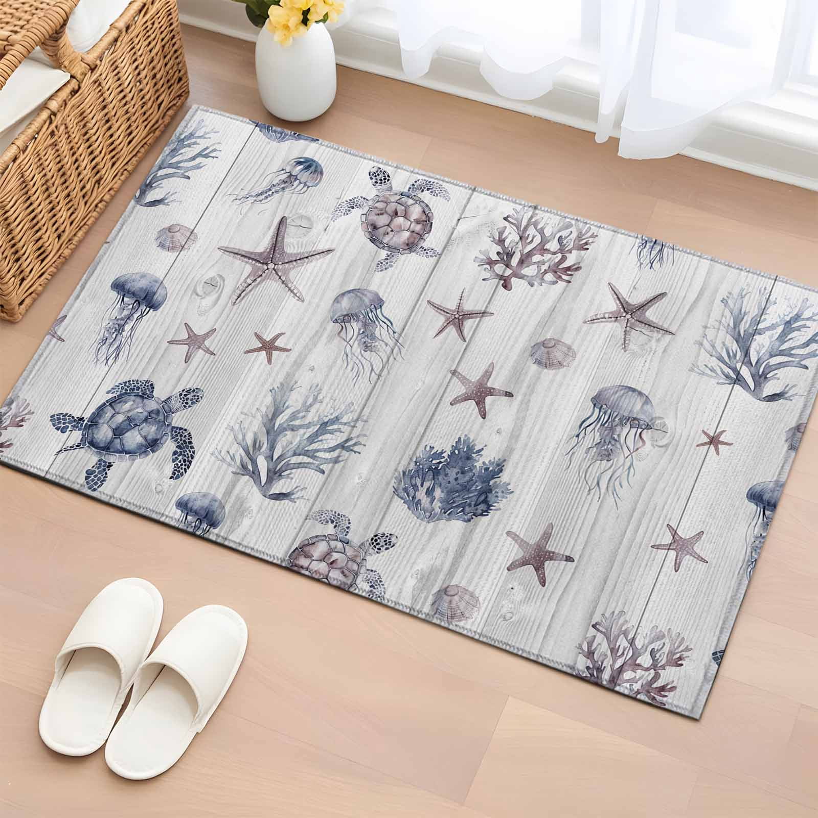 Entrance Runner Rug 2'x3', Vintage Coastal Non-slip Doormat for Indoor Outdoor Entrance, Nautical Summer Beach Sea Turtle Starfish Throw Floor Mat for Front Door/Living Room/Bedroom/Bathroom/Kitchen
