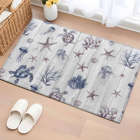Entrance Runner Rug 2'x3', Vintage Coastal Non-slip Doormat for Indoor Outdoor Entrance, Nautical Summer Beach Sea Turtle Starfish Throw Floor Mat for Front Door/Living Room/Bedroom/Bathroom/Kitchen