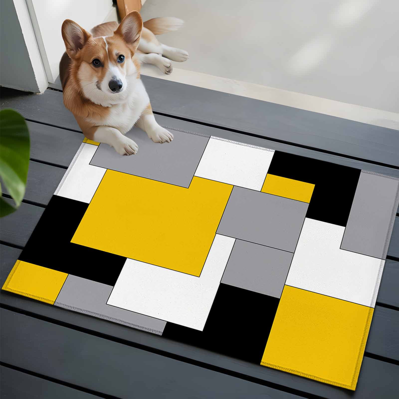 Entrance Runner Rug 2'x3',Yellow Grey Black Geometric Non-slip Doormat for Indoor Outdoor Entrance,Middle Century Art Abstract Throw Floor Mat for Front Door/Living Room/Bedroom/Bathroom/Kitchen
