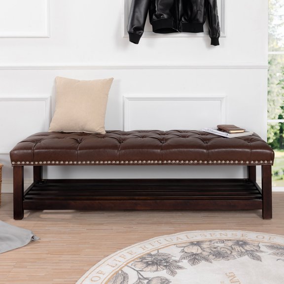 Entrance Shoe Bench with Nailhead Trim / Durable Birch Legs and Sponge Filling