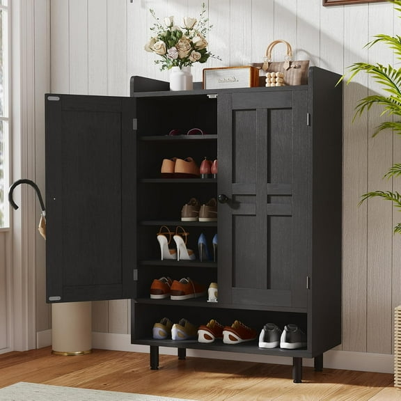 Entrance Shoe Cabinet with Doors,6-Tier Farmhouse Shoe Storage Organizer with Adjustable Shelves Holds 18-24 Pairs and Metal Legs, Entry Organizer Entryway, Living Room, Dining Room