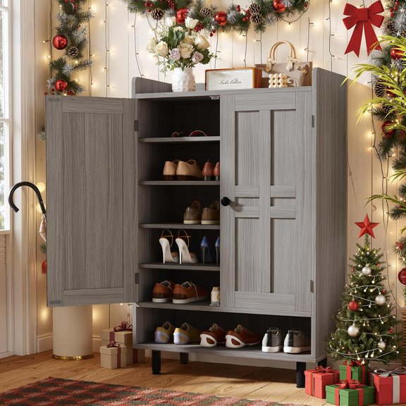 Entrance Shoe Cabinet with Doors,6-Tier Farmhouse Shoe Storage Organizer with Adjustable Shelves Holds 18-28 Pairs and Metal Legs, Entry Organizer Entryway, Living Room (Grey)