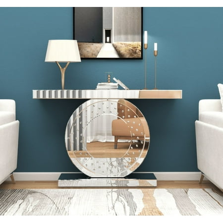 Entrance Table Silver Console Table Mirrored Accent Table with O-Base Rectangle Crystal Table for Living Room Hallway