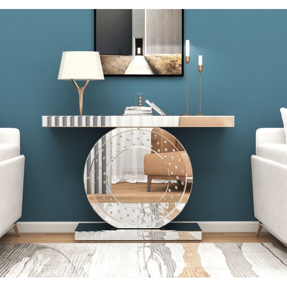 Entrance Table Silver Console Table Mirrored Accent Table with O-Base Rectangle Crystal Table for Living Room Hallway
