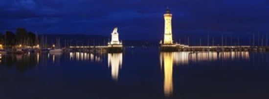 Entrance of the harbor with the Bavarian lion and the lighthouse Lindau Lake Constance Bavaria Germany Canvas Art - Panoramic Images (36 x 13)