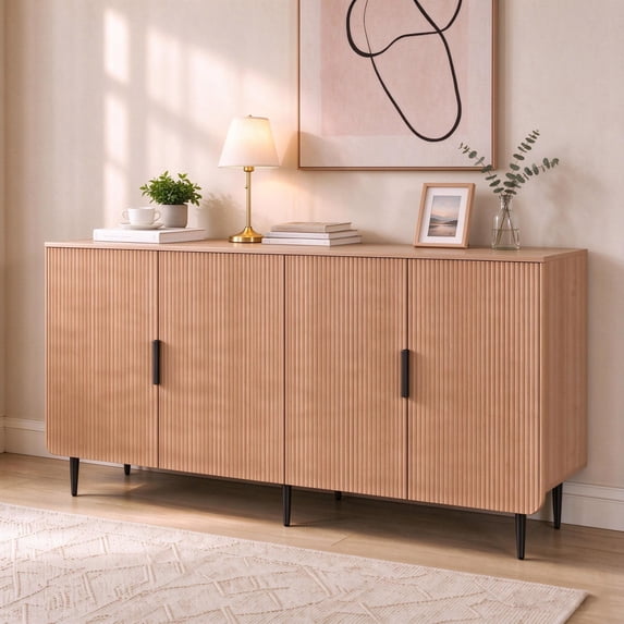 Entrintou 64.8"Fluted Sideboard Buffet Cabinet,4 Door,6 Center-Support Legs,150 lb Top, For Dining Room, Living Room,Oak color with Black Hardware