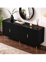 Entrintou 64.8"Fluted Sideboard Buffet Cabinet,4 Door,6 Center-Support Legs,150 lb Top, For Dining Room, Living Room,Black with Gold Hardware