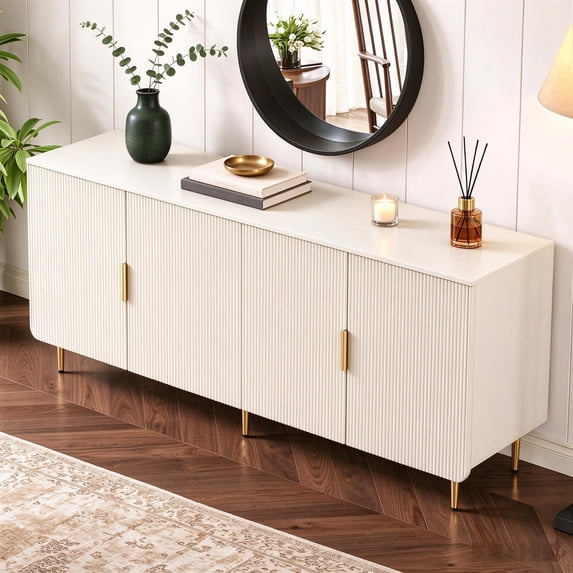 Entrintou 64.8"Fluted Sideboard Buffet Cabinet,4 Door,6 Center-Support Legs,150 lb Top, For Dining Room, Living Room,White with Gold Hardware