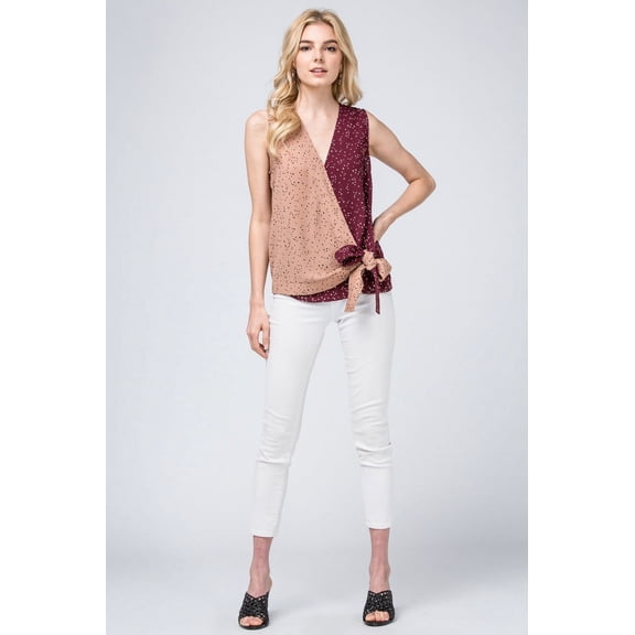 Entro Dotted Wrap Top with Color Blocking and Tie (Medium)