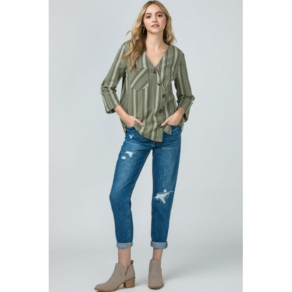 Entro Stripe V-Neck Side Button Top Olive Green (Medium)