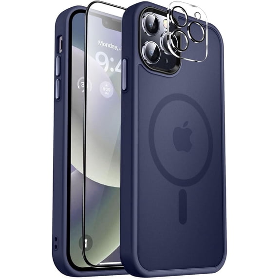 Entronix 3-in-1 Magnetic Matte Case Compatible with iPhone 12 Pro Max with 1 Screen Protector and 1 Camera Lens Guard, Navy Blue