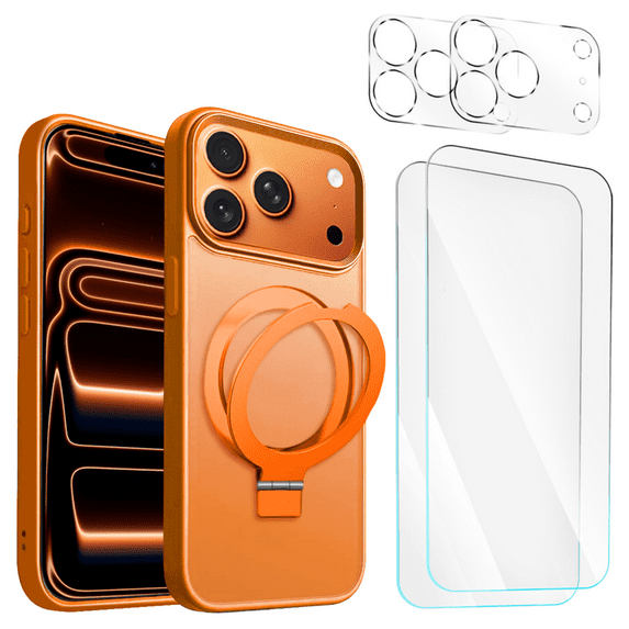 Entronix Bundle Compatible with iPhone 17 Pro Max — Magnetic Dual-Layer Phone Case & 2 Clear Screen Protector & 2 Camera Lens Protector, Anti-Drop 9H Easy Install, Orange