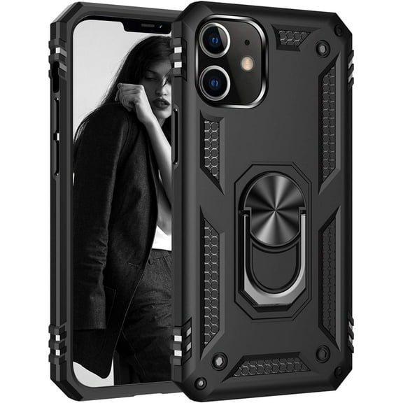 Entronix Case Designed for Apple iPhone 12 Heavy Duty Case with Built-in Kickstand, Dual Layer Protection with Rotating Holder Ring, Sturdy Case for Apple iPhone 12, Black