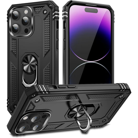 Entronix Case Designed for Apple iPhone 14 Pro Heavy Duty Case with Built-in Kickstand, Dual Layer Protection with Rotating Holder Ring, Sturdy Case for Apple iPhone 14 Pro, Black