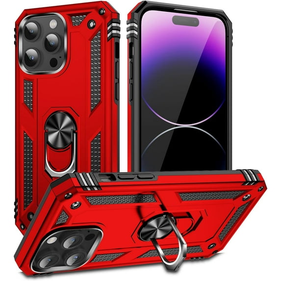 Entronix Case Designed for Apple iPhone 14 Pro Max Heavy Duty Case with Built-in Kickstand, Dual Layer Protection with Rotating Holder Ring, Sturdy Case for Apple iPhone 14 Pro Max, Red