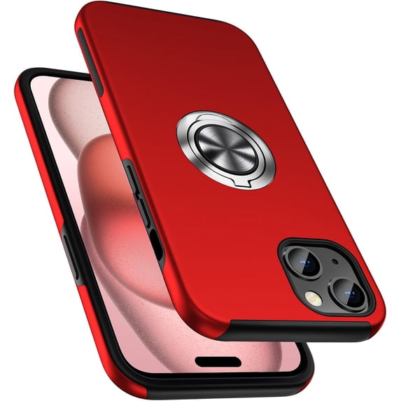 Entronix Protective Case Compatible with iPhone 15 Plus, Ring Holder Cover, Red