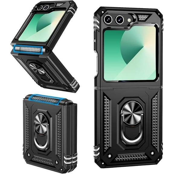 Entronix Case Designed for Galaxy Z Flip 6 Heavy Duty Case with Built-in Kickstand, Dual Layer Protection with Rotating Holder Ring, Sturdy Case for Galaxy Z Flip 6, Black