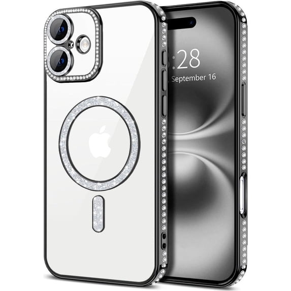 Entronix Magnetic Clear Case Compatible with iPhone 16, Sparkly Crystal Cover, Black
